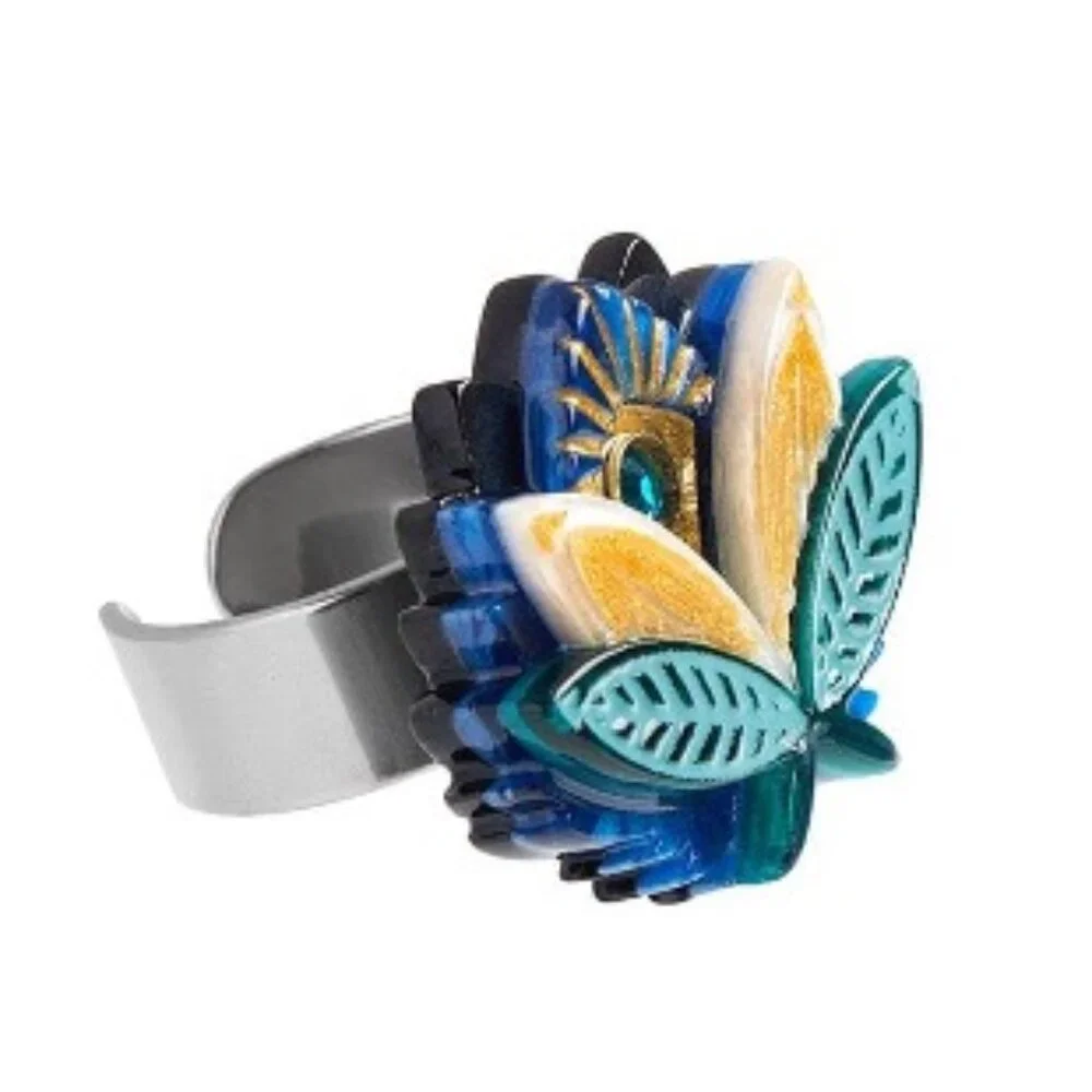 Erstwilder The Blue Lotus Ring. Medium, new in box. Art Deco. Egyptian Revival.